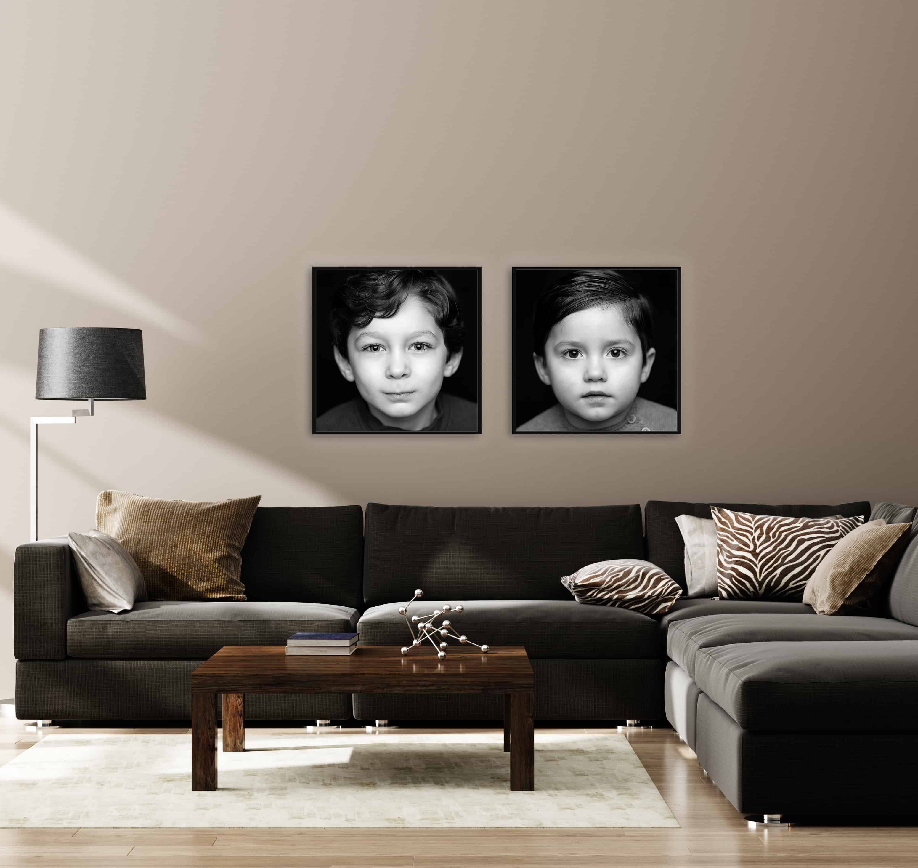 living room with 2 portraits on wall