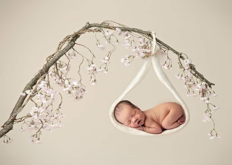 Newborn girl curled up on a swing hanging from a cherry blossom branch